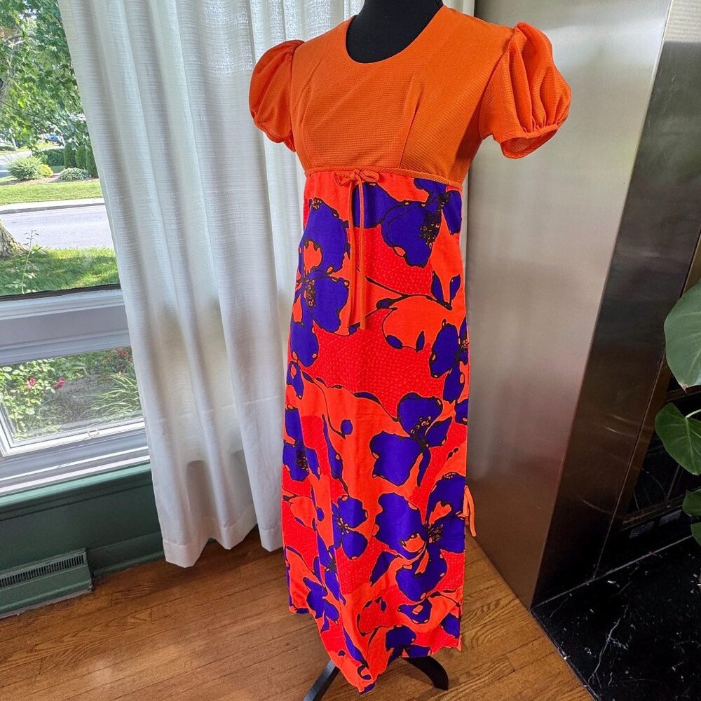 Vintage 70s maxi dress, orange bodice, empire waist, puff short sleeves
